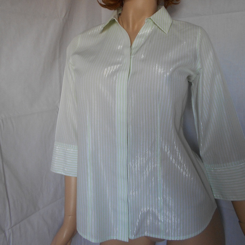 New CHICO'S  Striped Green/White Button Down Shirt